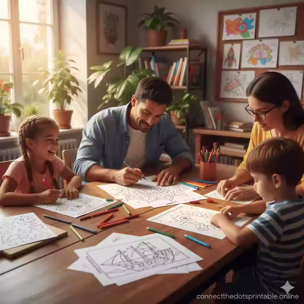 A happy family gathers around a table, enjoying connect the dots printable worksheets together.