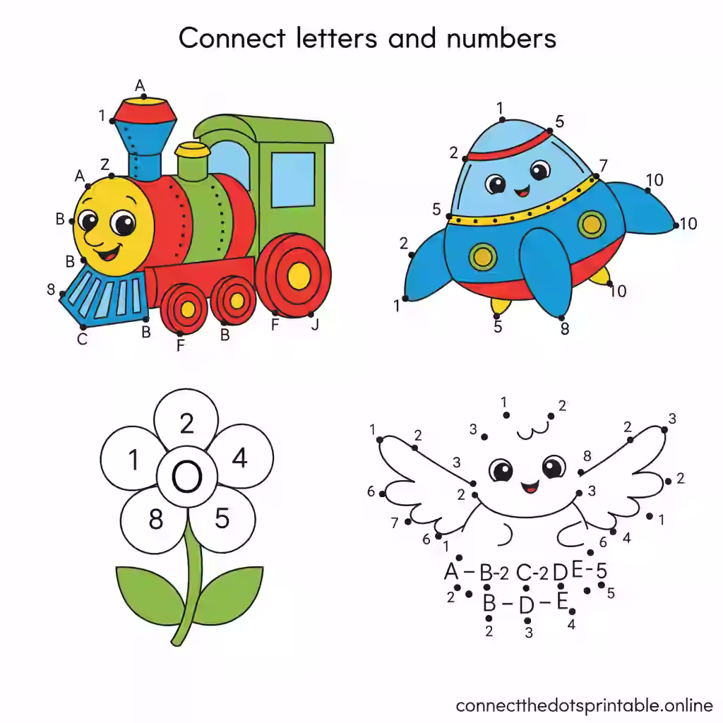 Educational dot to dot worksheets - learn letters and numbers through play