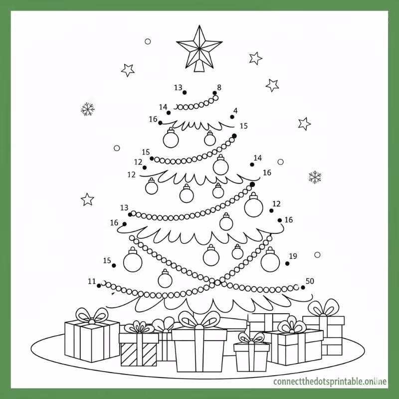 Preview of the free Christmas connect the dots printable featuring a festive tree.
