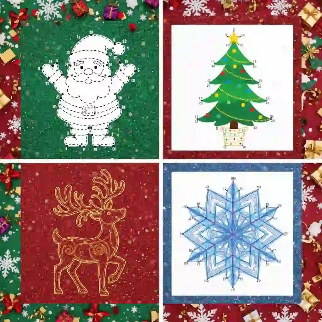 Vibrant collage of free Christmas connect the dots printables, ideal for kids and adults.