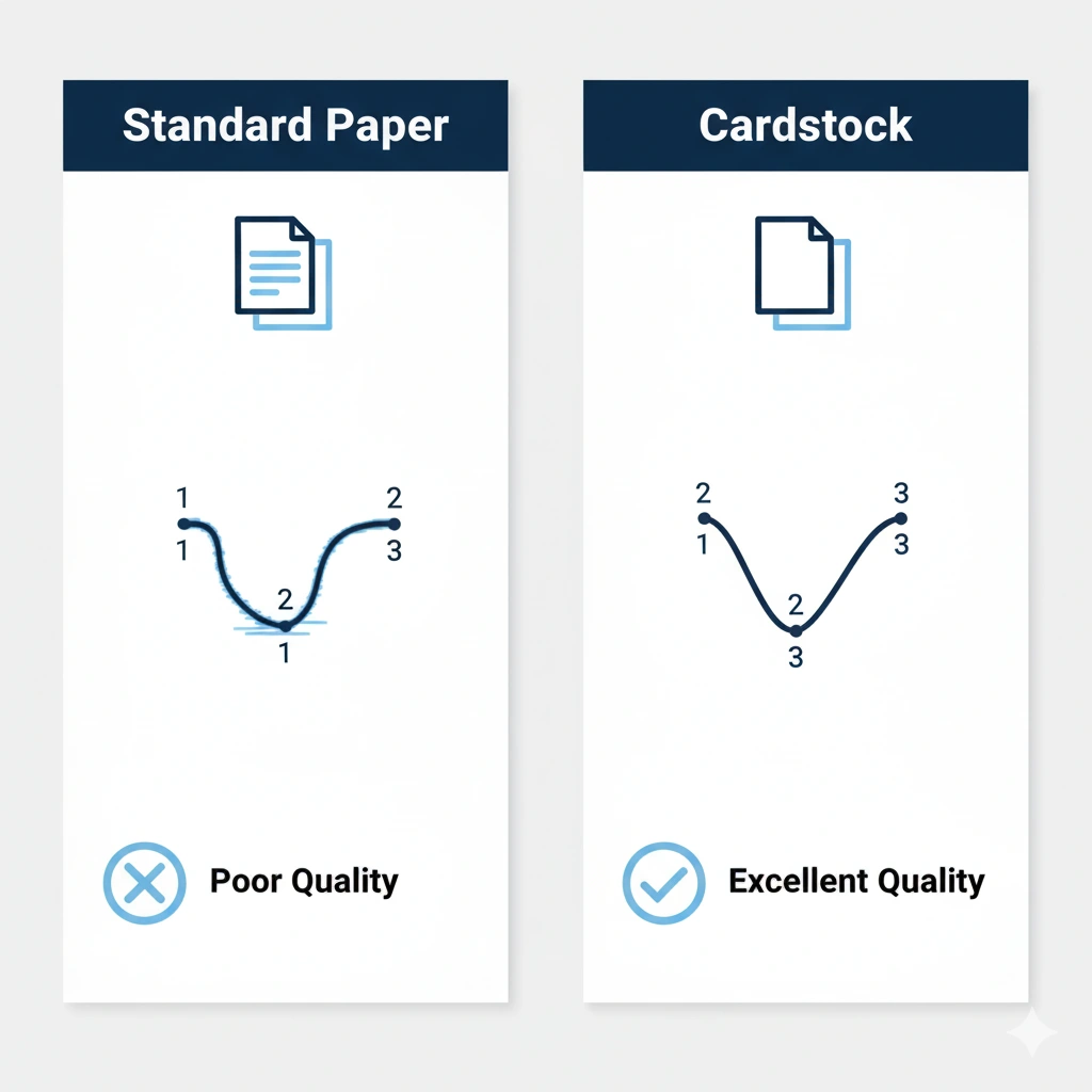 Infographic comparing print quality on cheap office paper versus heavier cardstock for dot to dot worksheets.
