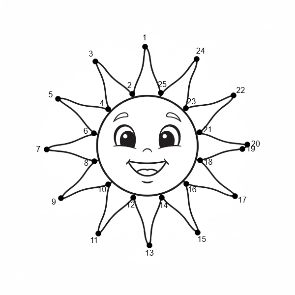 Printable easy connect the dots puzzle: Happy Sun 1 (Dots: 1-20).