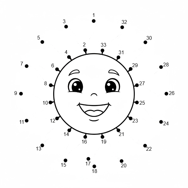 Printable easy connect the dots puzzle: Happy Sun 3 (Dots: 1-22).