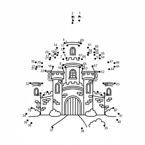 Printable medium connect the dots puzzle: Majestic Castle (Dots: 1-80).