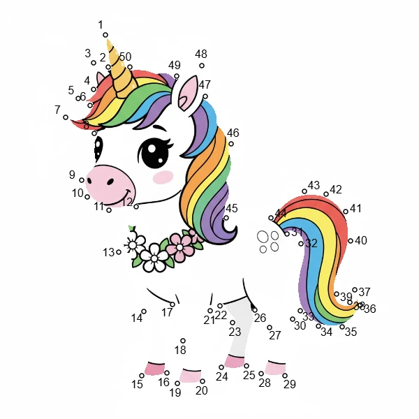 Printable medium connect the dots puzzle: Magical Unicorn (Dots: 1-70).