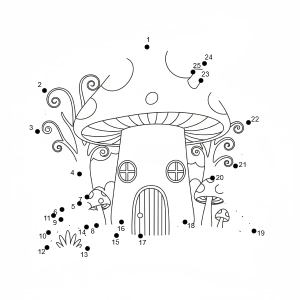 Printable medium connect the dots puzzle: Whimsical Mushroom House (Dots: 1-70).