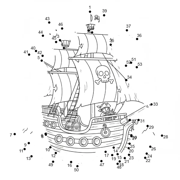 Printable medium connect the dots puzzle: Adventurous Pirate Ship (Dots: 1-90).