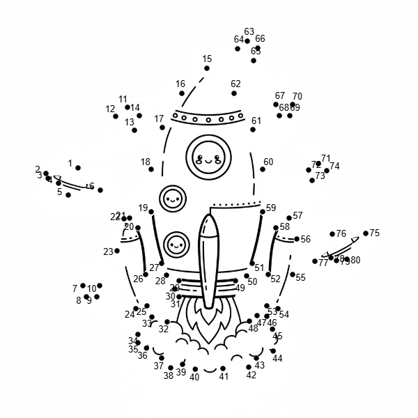 Printable medium connect the dots puzzle: Space Rocket Ship (Dots: 1-60).