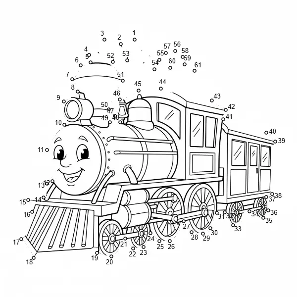 Printable medium connect the dots puzzle: Old-fashioned Train (Dots: 1-60).